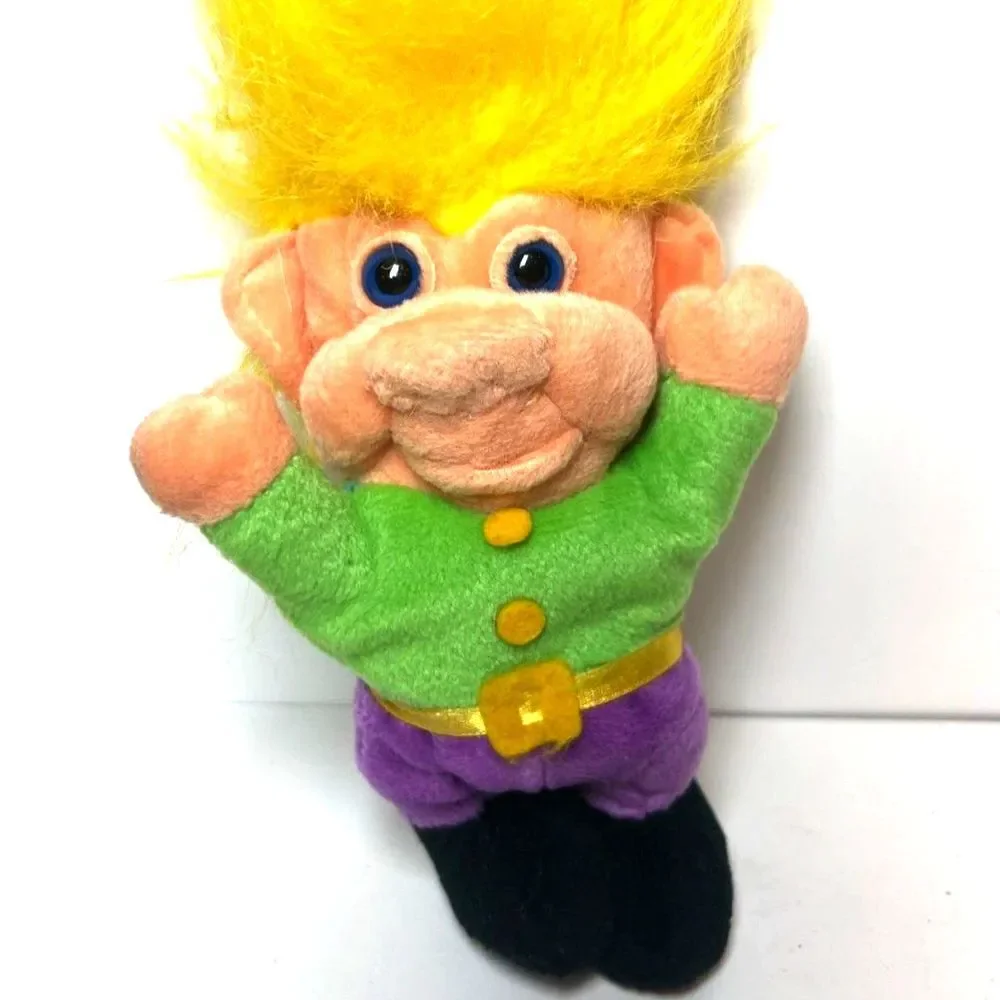 Vintage Imperial Troll Plush Yellow Hair Green Shirt Soft Toy Doll Purple Black